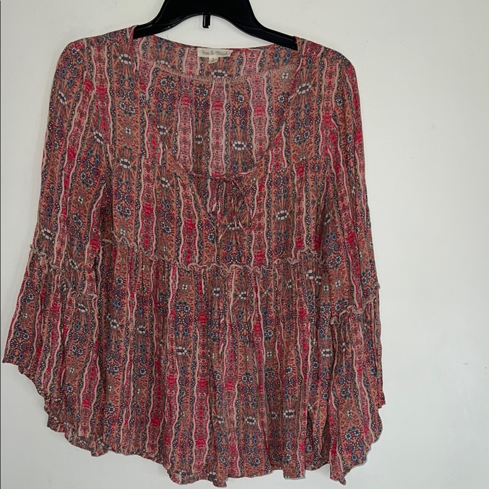 Hem & Thread Pink and Brown Asymmetrical Bell Sleeve Blouse